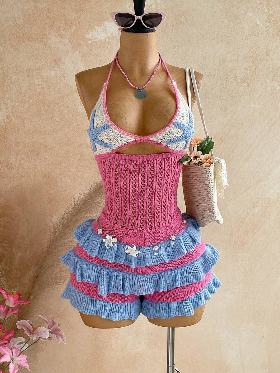 Soleia 女款休閒度假風亮橘色花卉裝飾荷葉邊毛衣連身褲,適合海灘郵輪假期、公路旅行城市度假、約會下午茶、音樂節、波希米亞風、海邊、夏季、四季皆宜、日常通勤 - 粉色 - 查看 1