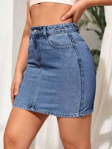 SHEIN Essnce 女士休闲日常口袋纽扣牛仔迷你裙 - 中等水洗藍 - 查看 5