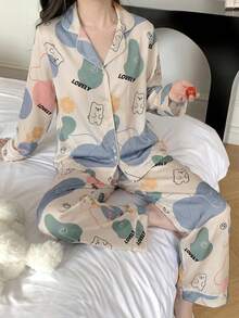 青少年女孩極簡韓風貼布圖案熊貼布裝飾翻領貼布長袖長褲舒適休閒梭織睡衣套裝2件組 - 彩色 - 查看 3