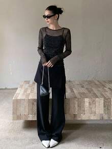 FRIFUL Women's Round Neck Long Sleeve Shiny Mesh Fitted Blouse Sheer,Fall Women Clothes - Black - View 9