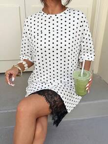 Muchica Women's Summer Casual Polka Dot Print Contrast Lace Mini Dress Summer Dress Elegant Dresses For Party  Beach Dress For Women White - White - View 4