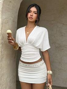 Aloruh Apricot Deep V Ruched Short Sleeve Tight Fitted Women T-Shirt - White - View 6