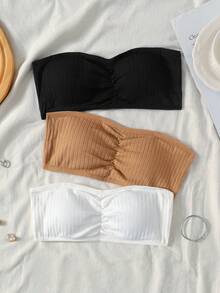 SHEIN Tween女孩極簡基礎款舒適親膚可拆式胸墊抓皺抹胸內衣 3件組 黑色膚色全白款 冬季適用 - 彩色 - 查看 6