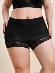 Hourtrue 1pc Seamless High Waist Shaping Panties, Plus Size Women Summer Lace Tummy Control Butt Lifting Shapewear - Black - View 5