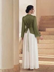 Anewsta Women's Solid Color Mandarin Collar Asymmetrical Rhinestone Embellished Flared Soft Elegant Dress - Army Green - View 2