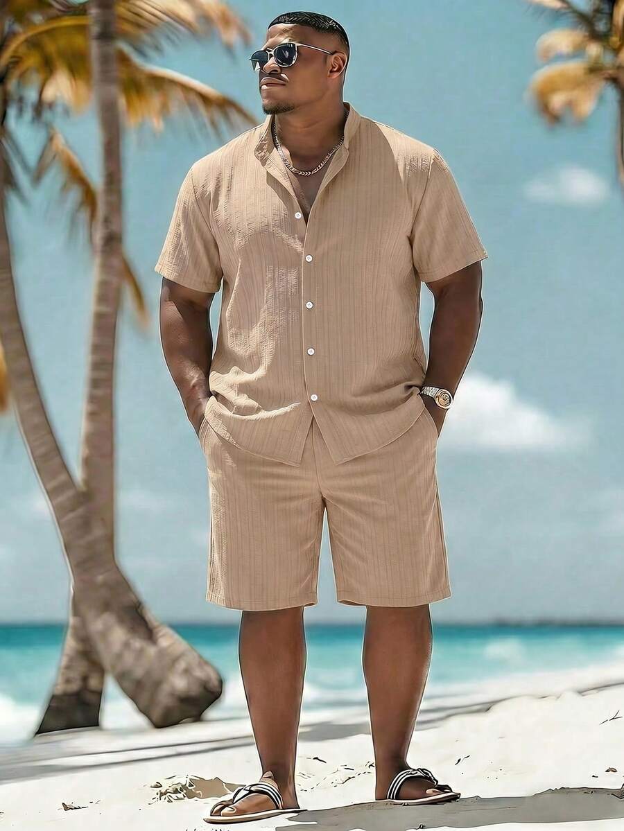 Manfinity Swimmode Men's Plus Size Textured Single-Breasted Short Sleeve Shirt And Pocket Drawstring Waist Beach Shorts Set Holiday / Vacation / Beach / Hawaii / Tropica - Khaki - View 1