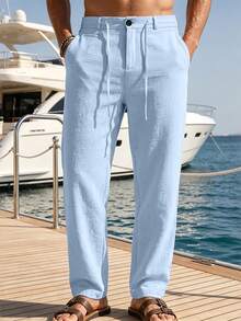 VENTUSAIL Men's Light Blue Solid Drawstring Waist Straight-Leg Casual Pants With Side Pockets,Baggy Slacks For Autumn,Tropical Beach Vacation,Gifts For Husband - Baby Blue - View 4