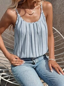 SHEIN Clasi 休閒簡約度假波希米亞優雅浪漫復古藍色直條紋印花圖案，音樂節、海灘穿搭、度假穿搭、女款夏季穿搭，細肩帶圓領寬鬆女款背心上衣 - 彩色 - 查看 3
