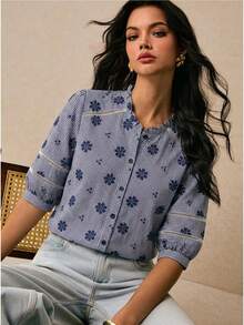 Poéselle Women's Casual/Work Plaid Floral Embroidered Shirt,  Women's Plaid Blouse  ,Blue Top , Casual Blouses For Women,Vacation Outfits ,Summer Tops - Blue - View 4