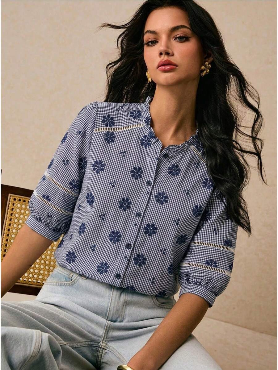 Poéselle 女士休闲/工作格子花卉刺绣衬衫
