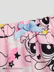Sweetra THE POWERPUFF GIRLS X SHEIN 女款夏季卡通塗鴉印花荷葉邊短褲，辣妹風，適合居家與街穿 - 彩色 - 查看 8