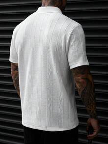 Manfinity CasualCool 男士紋理提花 Polo 衫，休閒日常短袖上衣，通勤與休閒必備，正式場合適用 - 白色 - 查看 2