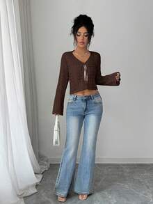 Selianne Women's Solid Color Tie-Front Casual Versatile Daily Outing Cardigan - Coffee Brown - View 7