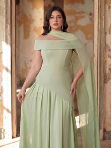 Glamrae Đầm maxi cỡ lớn sang trọng, thanh lịch màu xanh lá cây với chất liệu satin và chiffon co giãn, thiết kế phối ghép bất đối xứng, xếp ly dáng chữ A, cổ yếm gợi cảm, phù hợp cho tiệc tối, tiệc độc thân, hẹn hò, dạ hội, đám cưới. - màu xanh lá - Xem 3