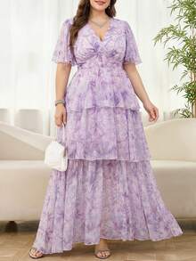 Reflora Plus Size Women Elegant Floral Print Dress - Mauve Purple - View 4