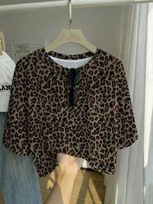 Comfortcana Kaos Katun Wanita Ukuran Besar Motif Leopard Kasual Sehari-hari - MultiWarna - View 4