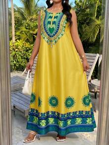 SHEIN Lady CURVE Plus Size Women's Yellow Sleeveless Bohemian Maxi Dress With Scoop Neck And Colorful Print - Yellow - View 3