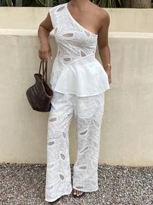 Livesso Women's Asymmetric Neckline Waist-Cinched A-Line Hollow Embroidery Top And Loose Long Pants 2 Pieces Set, Vacation Style Summer - White - View 3