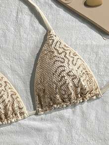 Costavie Solid Color Sequin Textured Fabric Halter Neck Triangle Cup Bikini Top, Sexy Women's Swimwear Top For Spring/Summer Beach Vacation - Apricot - View 5