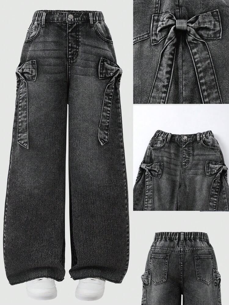 SHEIN Quần jean denim nữ bé gái dáng suông ống đứng, màu wash, form rộng thoải mái, chất mềm, có túi, thiết kế nơ dễ thương, phong cách casual dễ phối đồ, phù hợp mặc hàng ngày, mẫu mới Xuân/Hè 2025 - Màu Xám nhạt - Xem 8