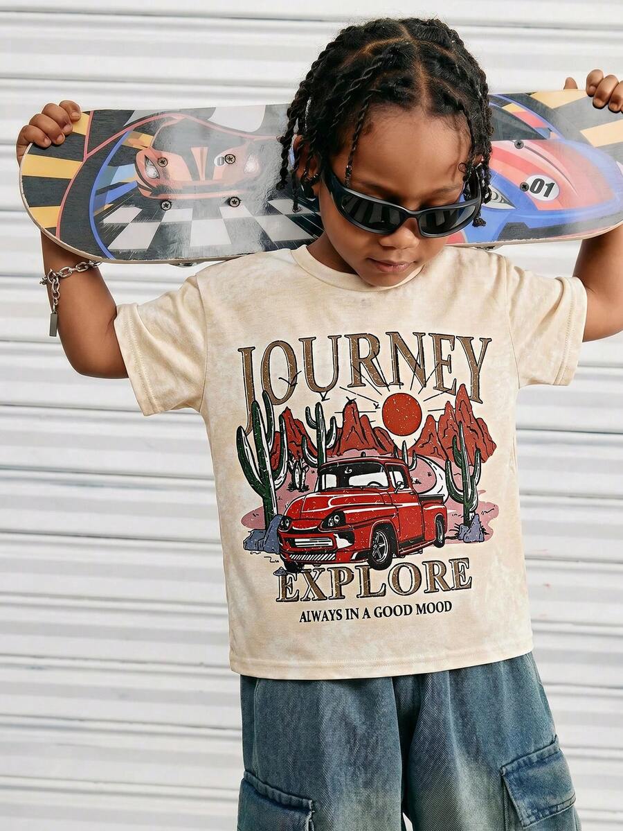 SHEIN Kids Young Boy Casual Versatile And Comfortable Racing Letter Print Pattern Round Neck Pullover Loose Short Sleeved Knitted T-Shirt Suitable For Commuting To School, Daily Leisure Vacation Travel, Suitable For Sports, Suitable For Spring And Summer Festivals
