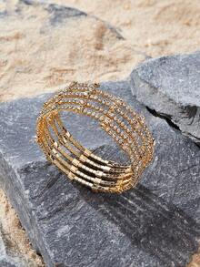 Opalesca Pulseira Aberta E Envolvida Com Strass Fashion Multicamadas Com Punho Feito À Mão Para Mulheres - Ouro - Ver 2