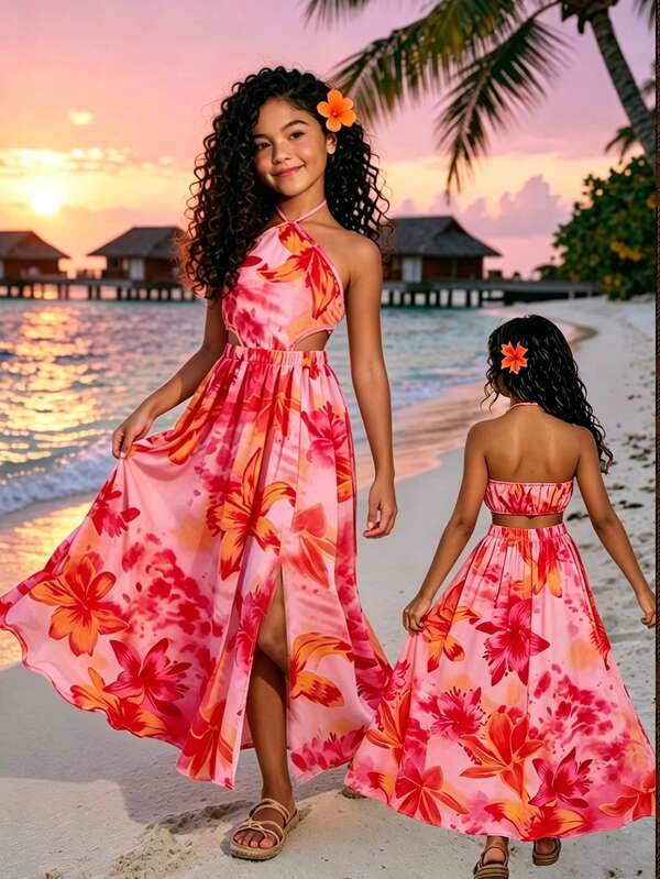 SHEIN Sparklyn Tween Girls' Summer Vacation Floral Print Halter Backless Mini Dress, Graduation, Outfit