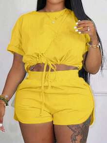 Slaydiva Slayr Plus Casual Solid Color Fitted Drawstring Split Women's Plus Size Two Pieces Outfits,Set,Summer,Two Pieces - Pale Yellow - View 6