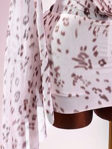 Amplova Romantic Sexy Vacation Earthy Tone Low-Cut Drape Collar, Flare Sleeve, Bodycon Mini Dress Club Night White Animal Print Autumn - Pink - View 7