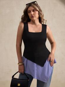 SHEIN Privé 大尺碼女款春夏方領撞色條紋精緻優雅上衣 - 彩色 - 查看 5