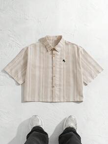 NORVETH Men's Casual Vacation & Commute Striped Print Embroidered Loose Fit Shirt, Summer - Khaki - View 1
