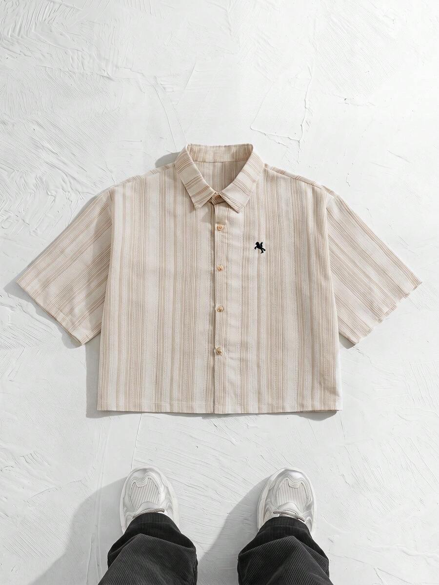 NORVETH Men's Casual Vacation & Commute Striped Print Embroidered Loose Fit Shirt, Summer - Khaki - View 1