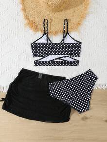 SHEIN Teen Girl Polka Dot Print Bikini Set With Cover-Up Skirt Beach Summer - Multicolor - View 2