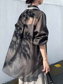 FRIFUL Women's Lace Contrast Trim Lapel Semi-Transparent Mesh Patchwork Jacket - Black - View 4