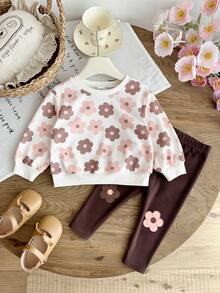 SHEIN Baby Girl Knitted Floral Pattern Crew Neck Casual Sweatshirt And Long Pants 2-Piece Set - Multicolor - View 6