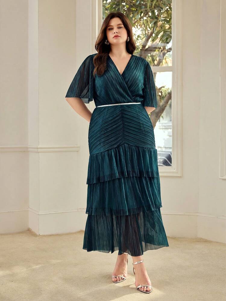 PLUS SIZE WOMEN'S ELEGANT ROMANTIC METALLIC LUSTER PLEATED TIERED CAKE DRESS
