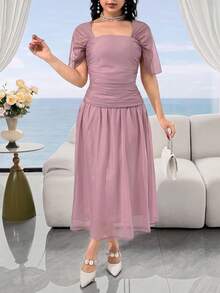 Feyla Women's Summer Elegant Solid Color Midi Dress - Dusty Pink - View 5