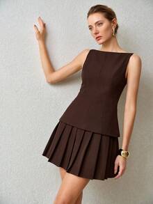 MOTF PREMIUM WOMEN'S SLEEVELESS 2 IN 1 SHORT DRESS - Coffee Brown - View 8