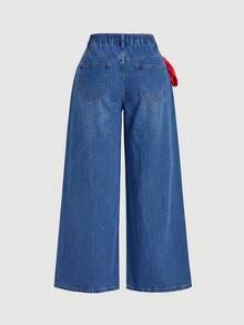 SHEIN MOD Plus Size Women's Zipper Fly Side 3D Bow Decor Loose Wide Leg Jeans - Blue - View 2