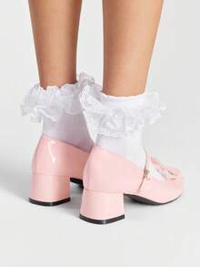 ROMWE Kawaii Giày Mary Jane màu hồng dành cho nữ, giày công sở đế dày, giày lười kiểu sinh viên có nơ và khóa cài, thích hợp cho không khí lễ hội Giáng sinh và Năm mới, mùa thu và mùa đông. - Màu Hồng baby - Xem 5