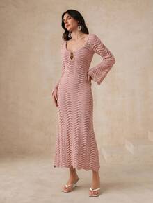 Anewsta Einfarbiges sexy gestricktes Strandkleid mit Cut-outs und welligen ausgestellten Ärmeln - Korallenrosa - Übersicht 4