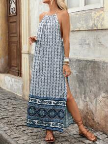 Brillora Women's Halter Neck Tassel Rope Tie High Slit Backless Vacation Print Dress Vacation White And Blue Floral Summer Boho - Multicolor - View 6