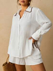 Levarali Plus Size Women's Vacation Casual Pure Cotton Shirt And Shorts 2 Pieces Set Beach White Autumn - Beige - View 9