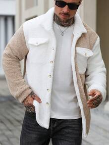 Manfinity Homme Áo khoác lông dài tay thường ngày màu trơn có nút cài tương phản cho nam, áo cổ lọ nam, áo khoác cardigan nam, áo khoác nỉ nam, áo khoác nỉ nam, áo khoác mùa đông nam - Nhiều màu - Xem 3