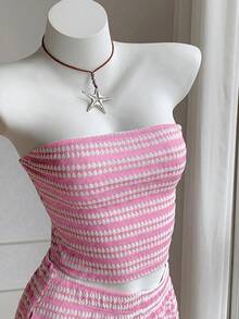 Comfortcana 女士夏季度假粉白条纹露脐抹胸上衣和短裤两件套，Ytk服装，Zoo系列服装，Zoey系列上衣套装，假日套装，女士海滩毕业典礼海滩度假优雅休闲套装，女士运动休闲套装，女士运动短裤套装，女士度假套装 - 粉色 - 查看 3