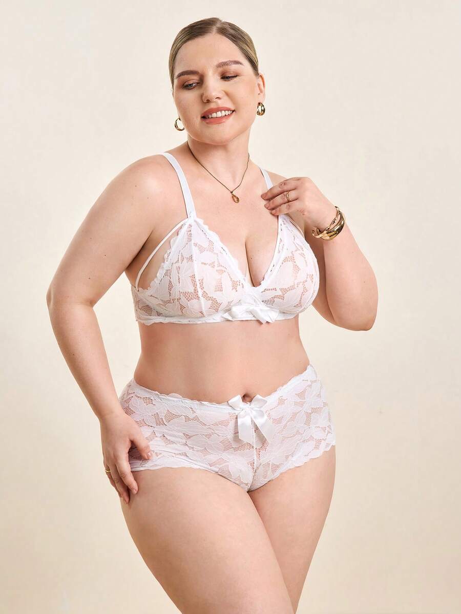 Hourtrue Plus Size Lace Patchwork Comfortable And Fashionable Sexy Bra And Panty Lingerie Set - White - View 1