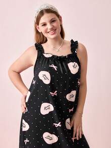 Bonmuse Camisola Casual Solta com Alças, Babados e Estampa de Laço Doce e Coração para Mulheres Plus Size - Preto - Visão 6