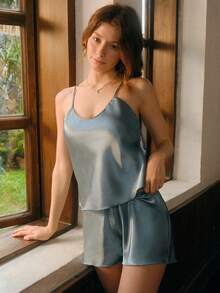 Bisouelle Satin Cami Top With Shorts PJ Set / Pajama Set - Dusty Blue - View 9
