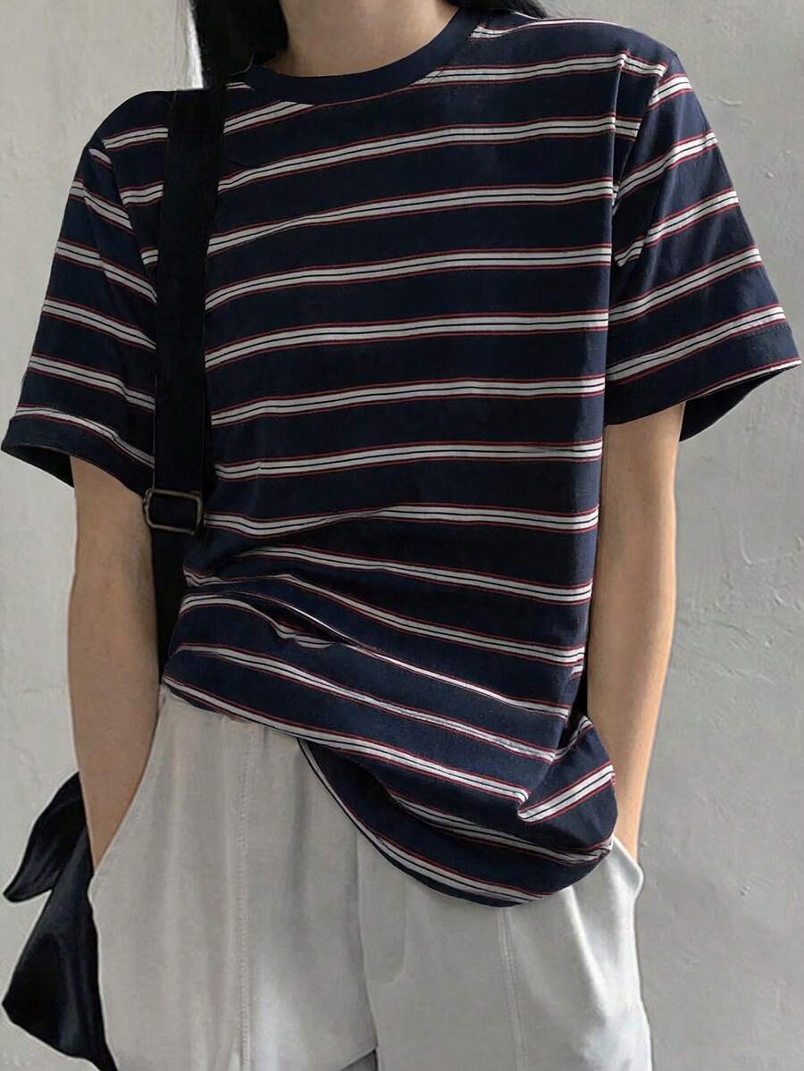 DAZY Summer Casual Striped Crew Neck Short Sleeve T-Shirt Graphic Tee - Royal Blue - View 1