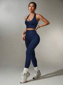 SHEIN Sports 女士纯色简约日常露背上衣和裤子运动套装 - 藏蓝色 - 查看 7